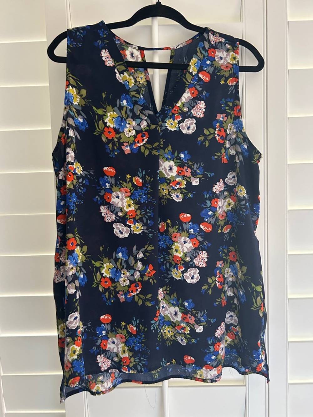 Navy Floral Sleeveless V-Neck Blouse
